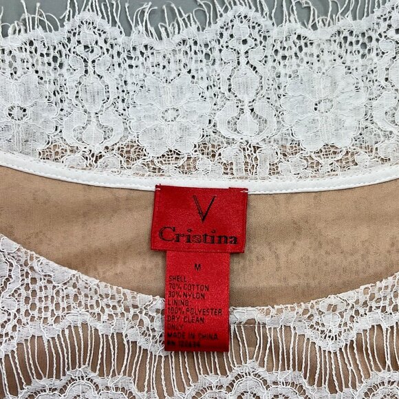 V. Christina - Nude with White Lace Overlay Round Neck Lace Sleeve Tunic M - Picture 5 of 9